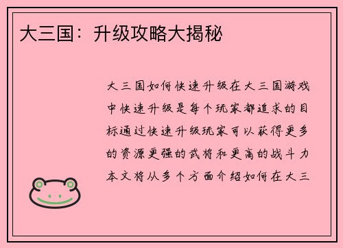 大三国：升级攻略大揭秘