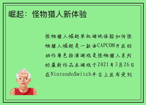 崛起：怪物猎人新体验